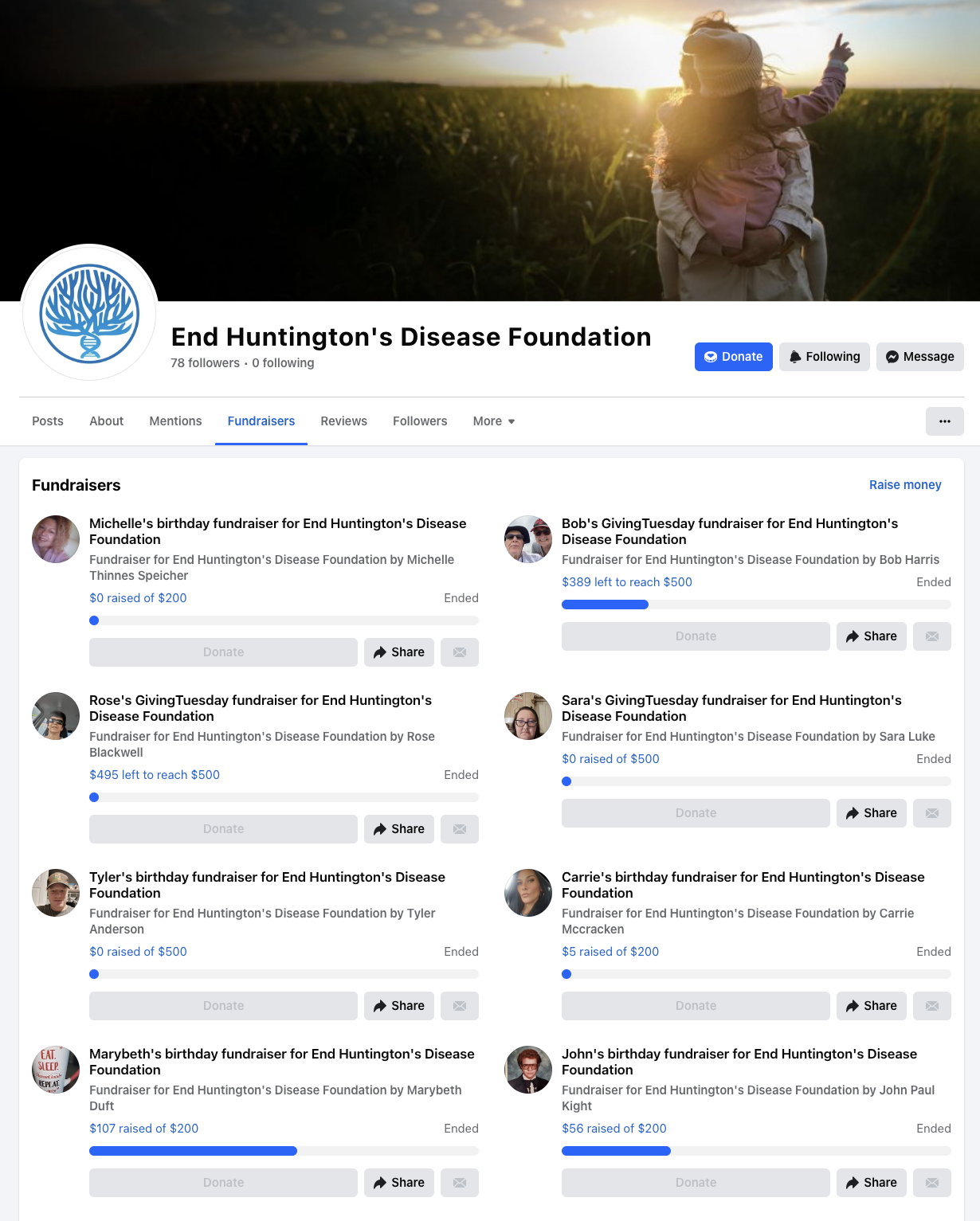 Facebook fundraisers for End HD Foundation